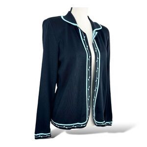 Ming Wang Women’s Black Knit Jacket w/Turquoise‎ Pattern Trim Sz Small